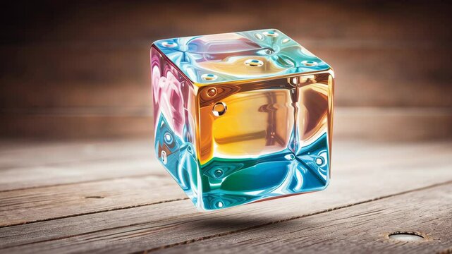 Colorful Holographic Cube 3D Rendering of Floating Object with Glossy Surface, Control Points, and Abstract Shape in Modern Art Display