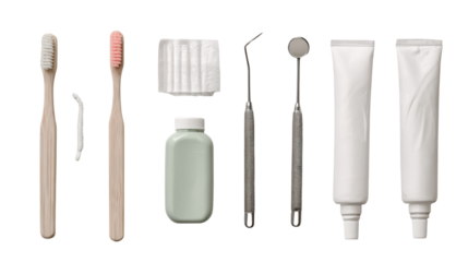 Dental hygiene tools, including toothbrushes, toothpaste, and dental instruments, isolated on a white background.