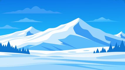 Fototapeta premium A panoramic winter mountain landscape with snowy peaks under a clear blue sky