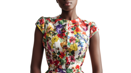 Elegant woman in a floral dress, posing gracefully with a neutral background.