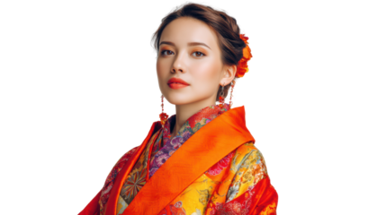 Elegant woman in vibrant traditional attire, posing confidently against a white background.