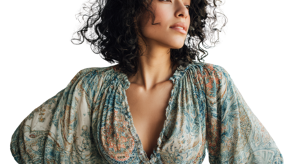 Elegant woman wearing a stylish dress, showcasing a confident pose with a thoughtful expression.