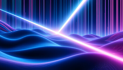 Futuristic Neon Landscape with Glowing Laser Beam and Vibrant Blue-Purple Light Trails in a Sci-Fi Digital Horizon