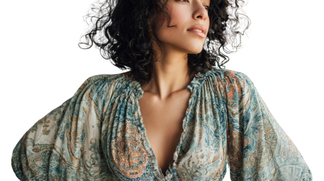 Elegant woman wearing a stylish dress, showcasing a confident pose with a thoughtful expression.