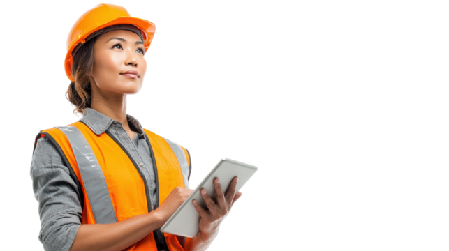 Female construction worker, wearing a hard hat, holding a tablet, professional attire, isolated background.