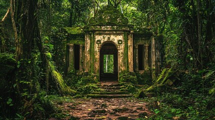 Lush jungle overgrown ancient ruins of a stone structure.