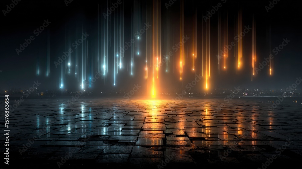 Poster luminous descent: streams of warm and cool light descend, reflecting on a textured surface, creating