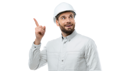 Happy engineer in white uniform pointing upward with a smile, isolated on white background.