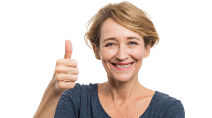 Happy woman giving thumbs up, white isolated background.