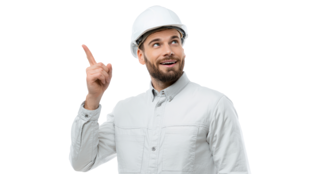 Happy engineer in white uniform pointing upward with a smile, isolated on white background.