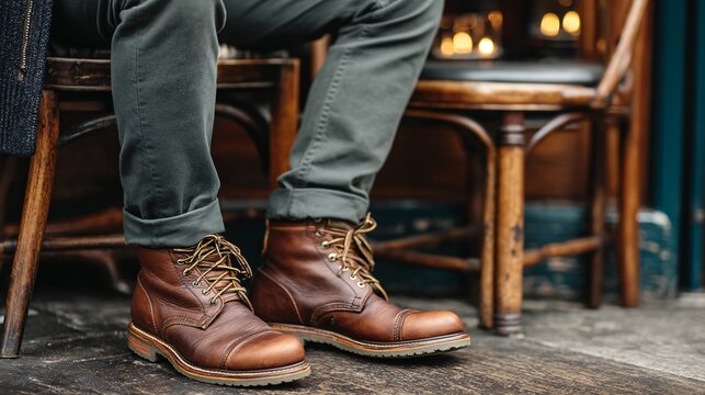 Stylish Brown Leather Boots Worn with Casual Olive Green Pants