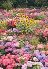 Vibrant Summer Garden with Sunflowers and Hydrangeas