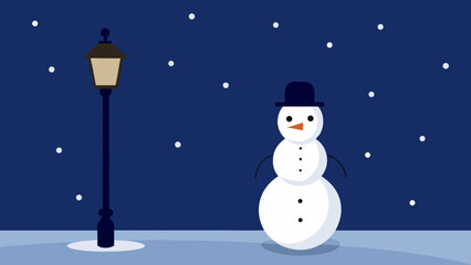 Cute Christmas snowman at night with a red hat and scarf, standing in a snowy winter landscape with a broom, perfect for a holiday card illustration
