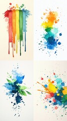 Colorful watercolor splashes and drips create an abstract, vibrant collage
