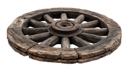 Old wooden cartwheel with metal hub, isolated on white background, rustic craftsmanship, vintage agricultural tool.