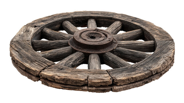 Old wooden cartwheel with metal hub, isolated on white background, rustic craftsmanship, vintage agricultural tool.
