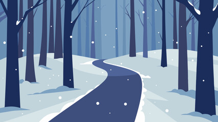 Snowy winter road winding through a frost-covered forest landscape under a cold, blue sky