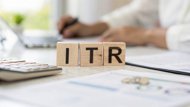 Blurred workspace with minimalist wooden block text spelling ITR and tax terminology
