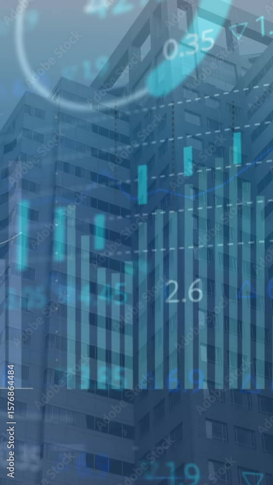 Poster animation of statistical and stock market data processing against low angle view of tall building