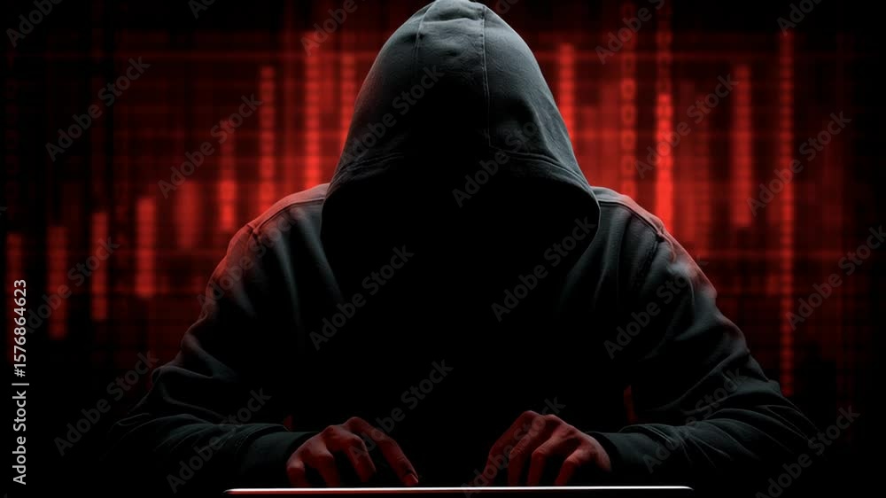 Poster mysterious hacker in hoodie focused on laptop amidst red digital data patterns, unraveling intrigue 