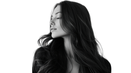 Profile of a woman with flowing hair, captured in black and white, isolated against a transparent background.