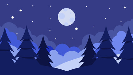 Obraz premiumA magical winter night landscape with snow-covered trees, a glowing moon, and sparkling stars, perfect for a holiday celebration card