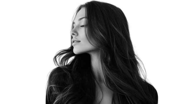 Profile of a woman with flowing hair, captured in black and white, isolated against a transparent background.