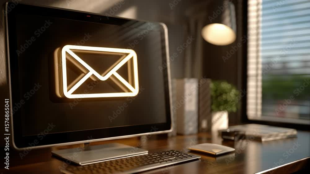 Poster glowing email icon on modern computer screen in stylish office workspace, symbolizing digital commun