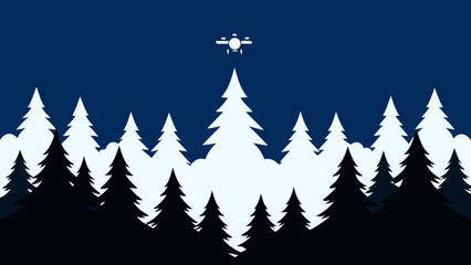 Obraz premium Christmas tree vector illustration: winter forest landscape with festive green fir trees and snowflakes, perfect for holiday season celebration cards