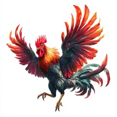 Colorful rooster with vibrant feathers spreading wings in a dramatic pose on a white background Generative AI