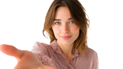 Smiling woman extending hand, welcoming gesture, isolated on white background.