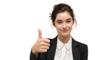 Smiling woman in a business suit giving a thumbs up, isolated on white background.