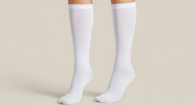 Pair of pristine white compression socks isolated against a neutral background