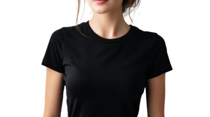 Stylish woman portrait wearing black t-shirt on isolated background.