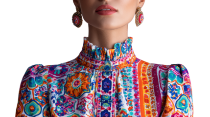 Stylish woman in colorful patterned blouse, posing elegantly, with eye-catching earrings.