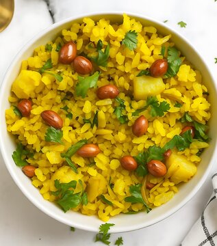Delicious kanda poha served hot as perfect evening snack
