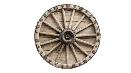 Vintage wooden wagon wheel on a white isolated background.