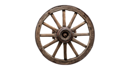 Vintage wooden wheel with intricate design on white isolate background.