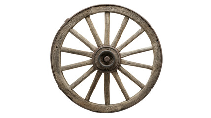 Vintage wooden wheel with spokes on a white isolate background.