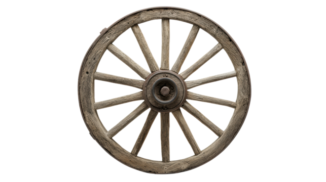 Vintage wooden wheel with spokes on a white isolate background.