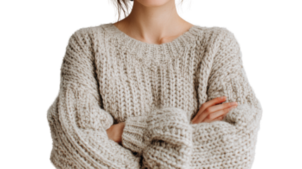 Woman in cozy sweater, arms crossed, thoughtful expression, white isolate background.