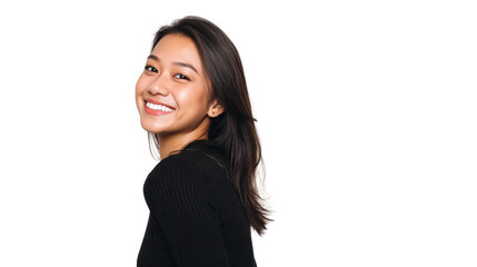 Fototapeta premium Woman smiling joyfully, showcasing a positive demeanor with long hair against a transparent background.