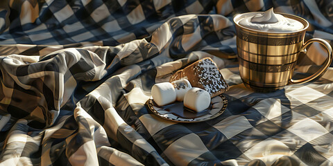 Coffee Cup with Whipped Cream and Biscuit on Checkered Tablecloth

