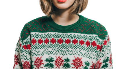 Woman wearing a cozy holiday sweater, smiling against a white isolate background.