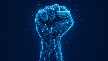 Futuristic glowing polygon digital fist raised up as symbol of strength resistance freedom unity and empowerment in wireframe mesh protest design