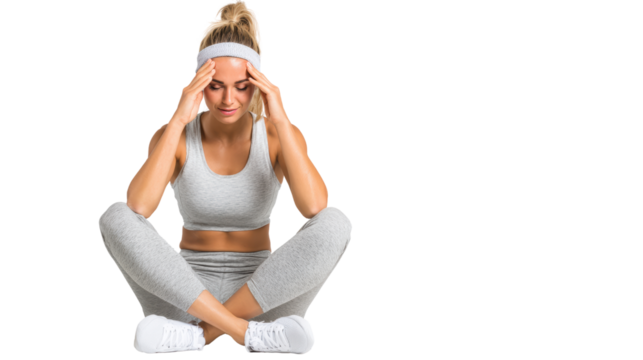 Woman practicing mindfulness in a yoga pose, expressing concentration and calmness, isolated on white background.