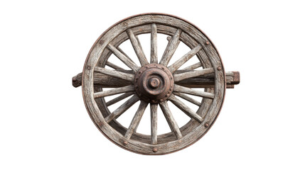 Fototapeta premium Wooden wagon wheel isolated on a white background.
