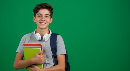 Happy teenage student with books backpack green screen isolated casual posture education promotion back-to-school campaign generative ai