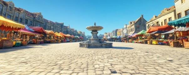 Wide shot of a medieval marketplace square.