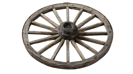 Wooden wagon wheel, detailed texture, isolated on white background.